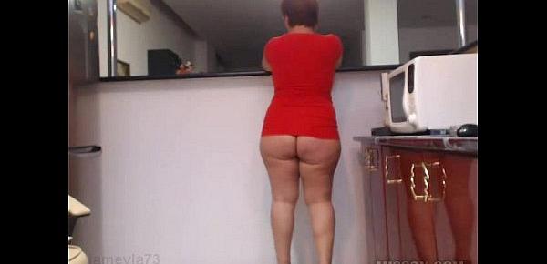  Red dress big ass on kitchen